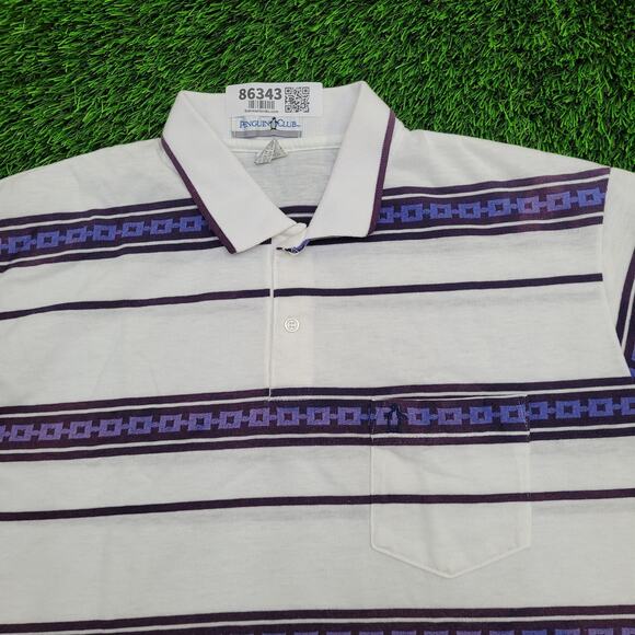 Vintage 90s Penguin Club Stripes Polo Shirt L/XL 23x29 White Purple - Picture 6 of 10